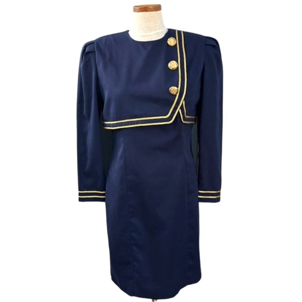 Vintage Jessica Howard Navy Military Gold Braid Dress 6P Power Shoulder Retro